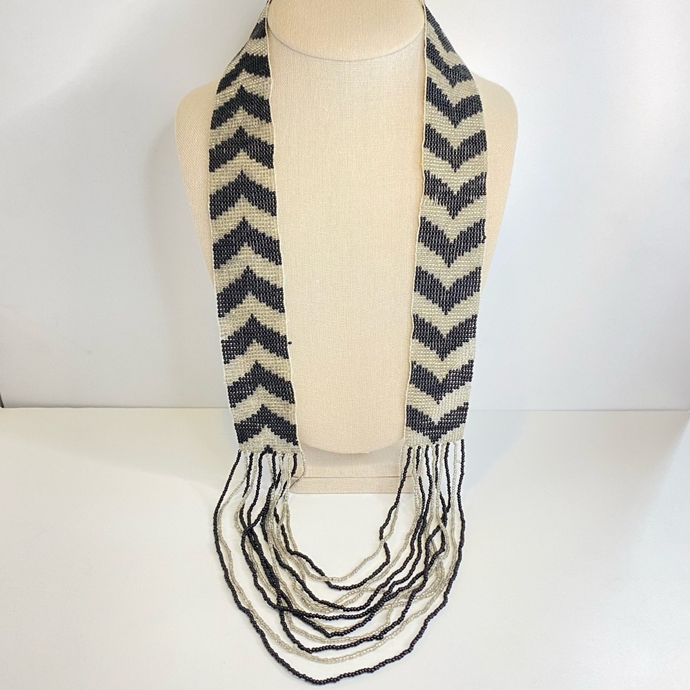 Vintage Artisan Handwoven Necklace Chevron Fringe Black Clear Seed Beads 33"